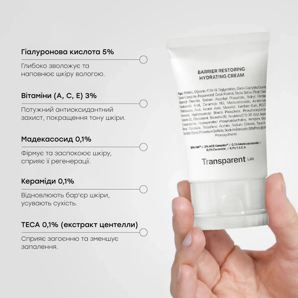 Зволожуючий відновлюючий крем для обличчя Barrier Restoring Hydrating Cream TRANSPARENT LAB Обʼєм 50 мл — фото 3