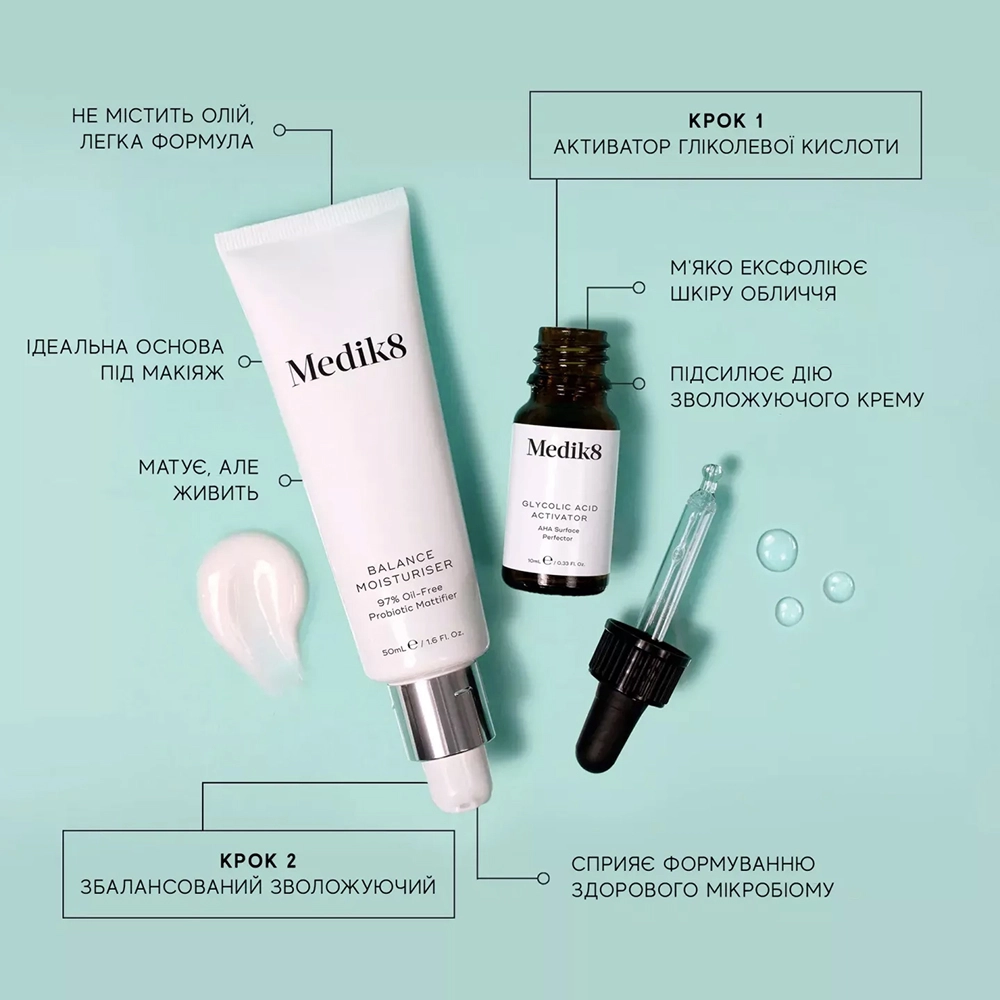 Безолійний зволожуючий крем та сироватка з АНА Balance Moisturiser with Glycolic Acid Activator MEDIK8 Обʼєм 50 мл — фото 3