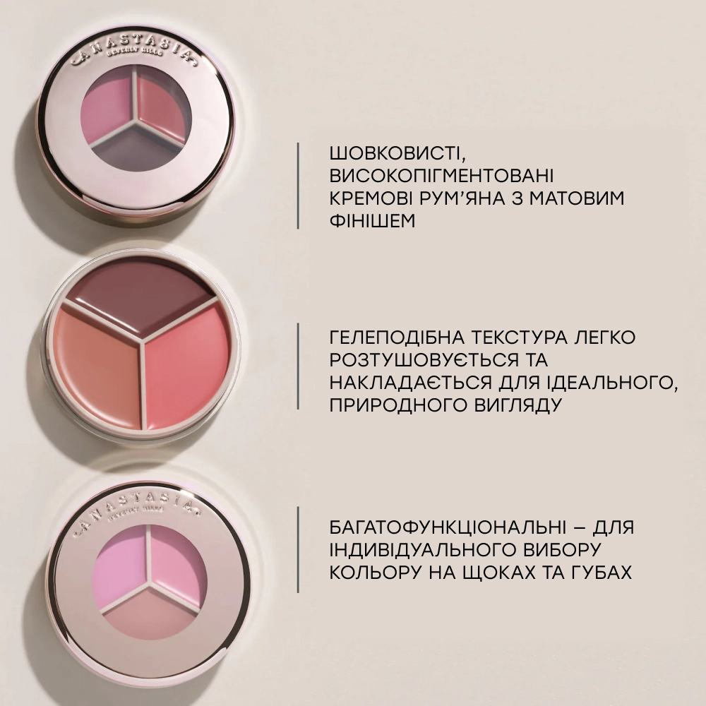 Кремовые румяна-трио Magic Touch Blush Trio ANASTASIA BEVERLY HILLS Вес 3 г — фото 4
