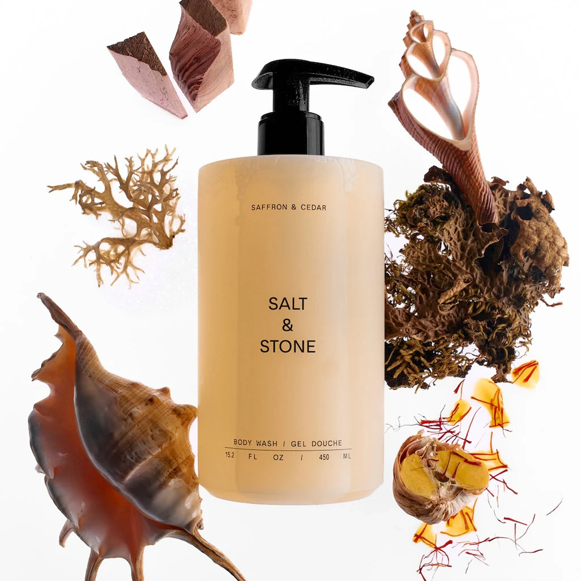 Антиоксидантний гель для душу з ароматом шафрану та кедру Body Wash Saffron & Cedar SALT & STONE Обʼєм 450 мл — фото 3