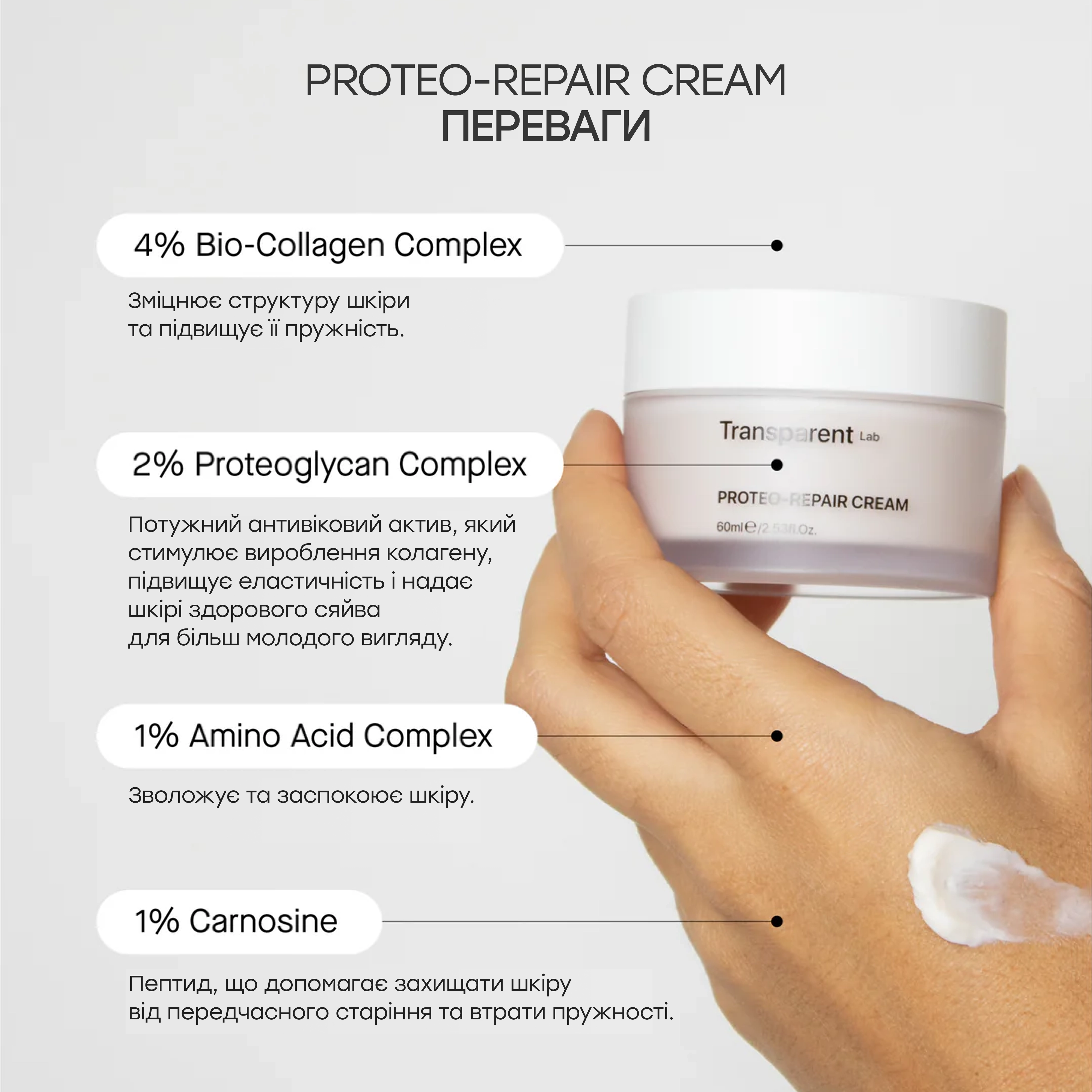 Зволожувальний антивіковий крем для зміцнення шкіри обличчя Proteo-Repair Cream TRANSPARENT LAB Обʼєм 60 мл — фото 4