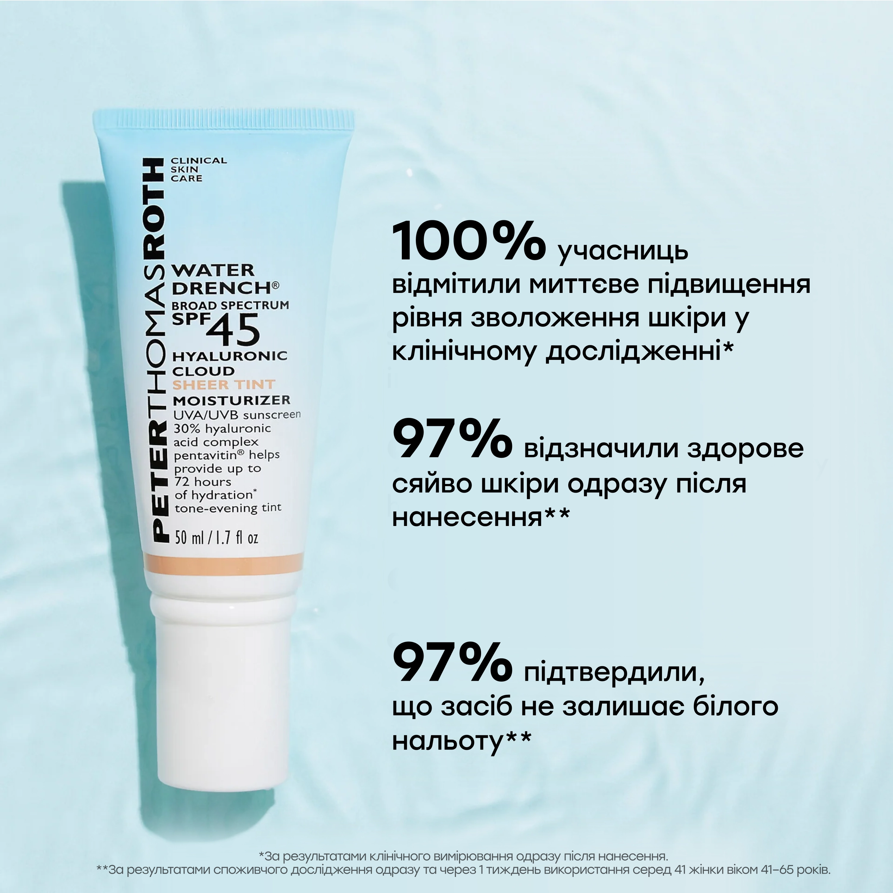 Зволожувальний сонцезахисний крем-тінт із SPF 45 Water Drench Broad Spectrum SPF 45 Hyaluronic Cloud Sheer Tint Moisturizer PETER THOMAS ROTH Обʼєм 50 мл — фото 5