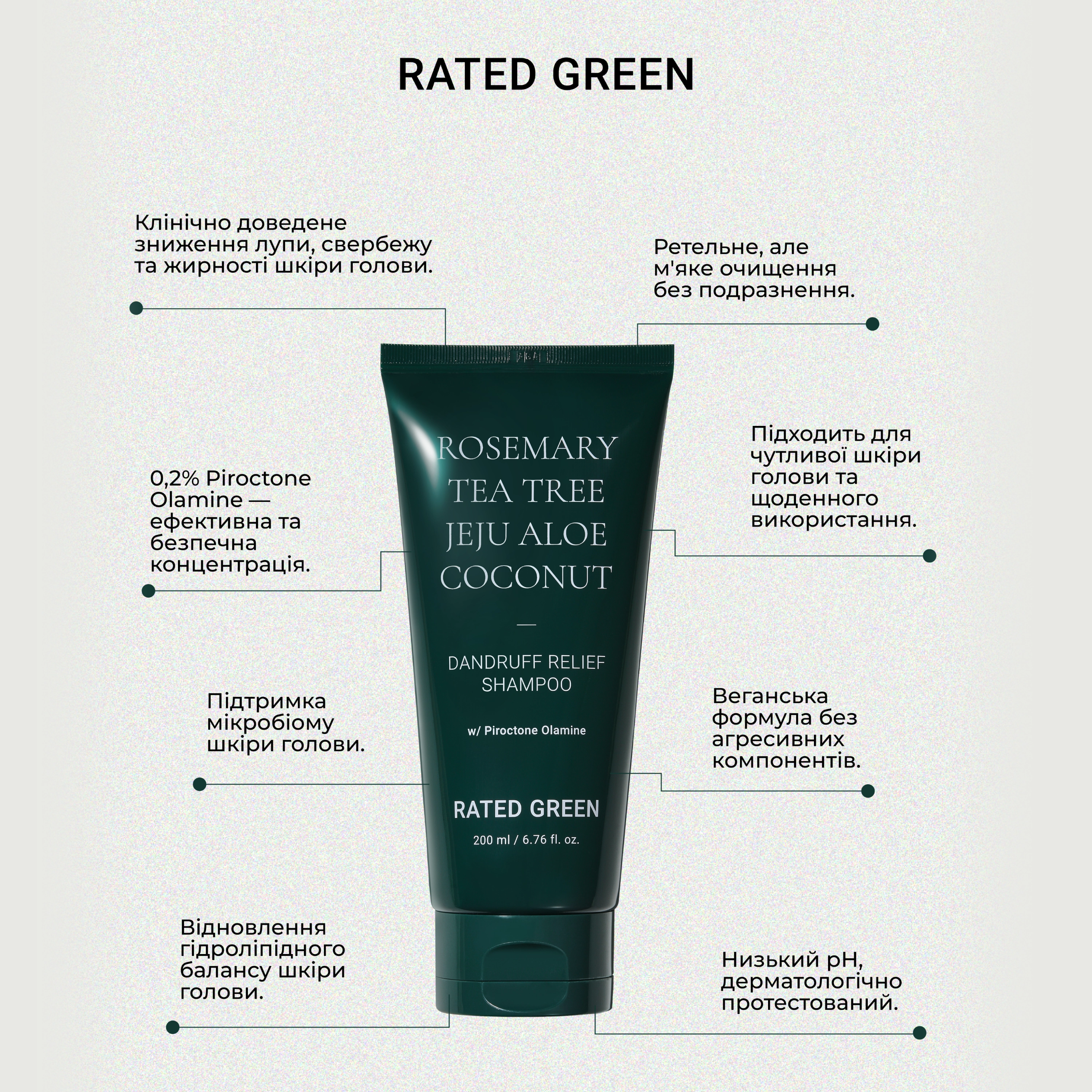 Шампунь проти лупи Rosemary Tea Tree Coconet Dandruff Relief Shampoo RATED GREEN Обʼєм 200 мл — фото 4