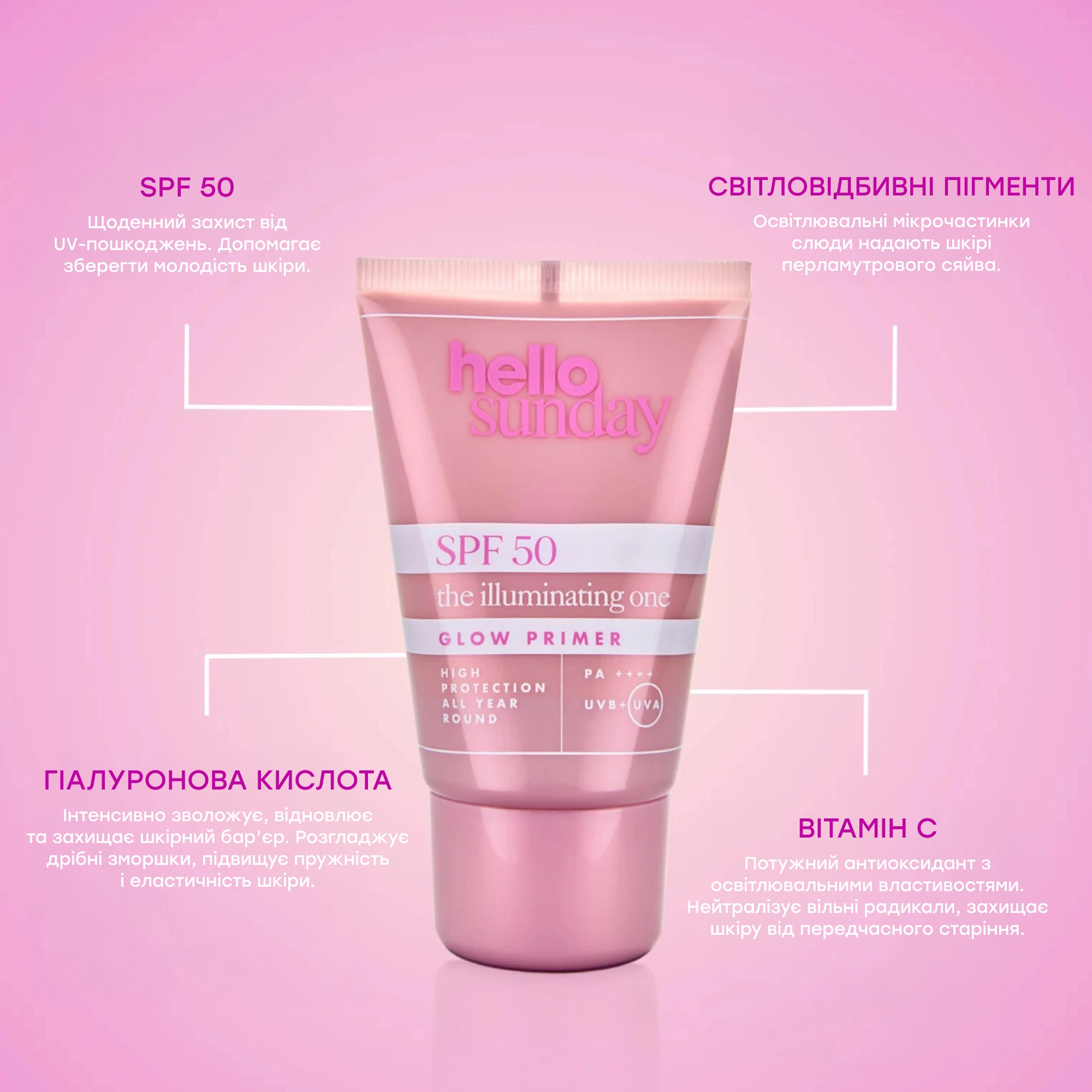 Сяючий праймер SPF 50 з гіалуроновою кислотою The Illuminating One SPF 50 Glow Makeup Primer with Hyaluronic Acid HELLO SUNDAY Обʼєм 50 мл — фото 7