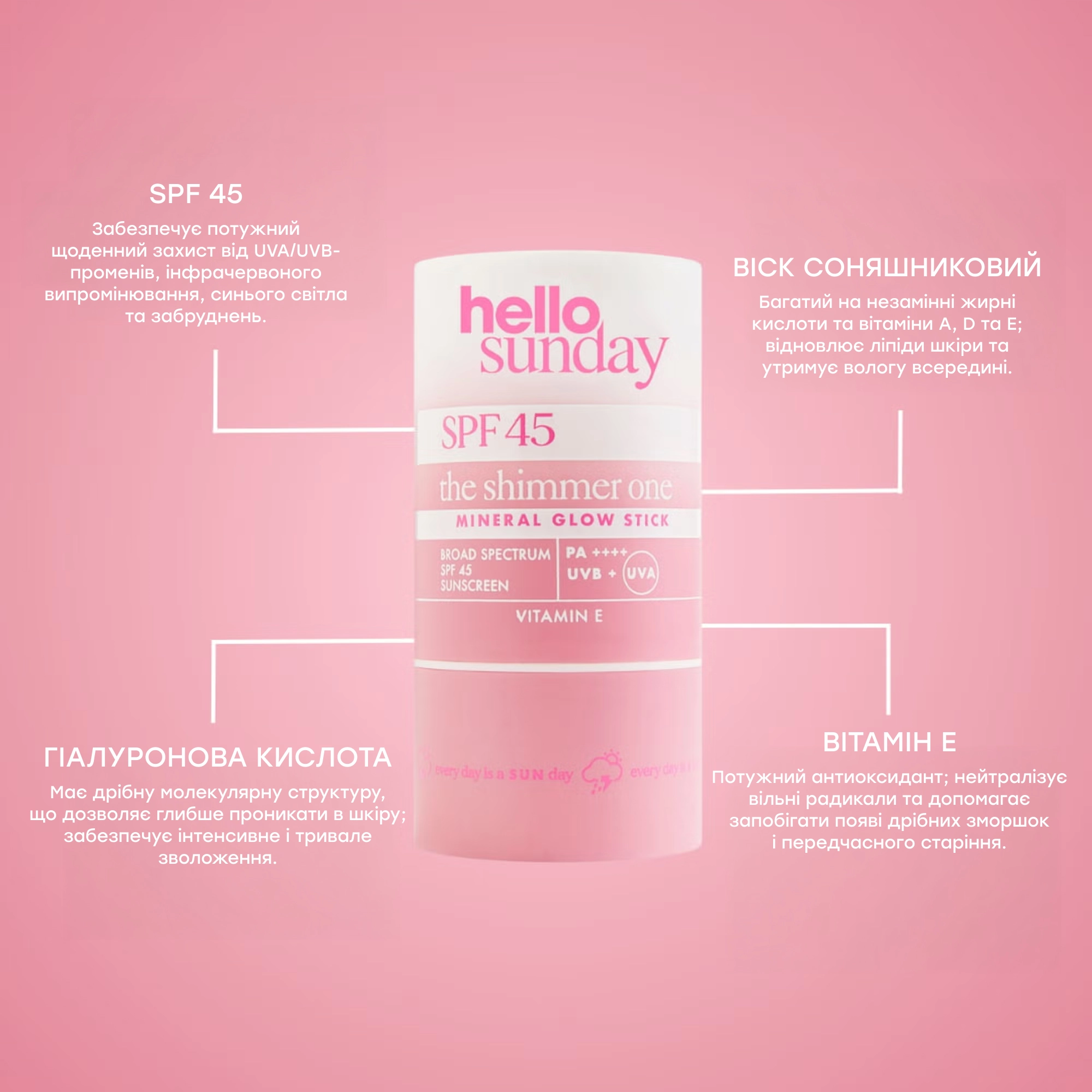 Минеральный солнцезащитный стик с эффектом сияния SPF 45 The Shimmer One SPF 45 Mineral Glow Stick with Hyaluronic Acid HELLO SUNDAY Вес 20 г — фото 5