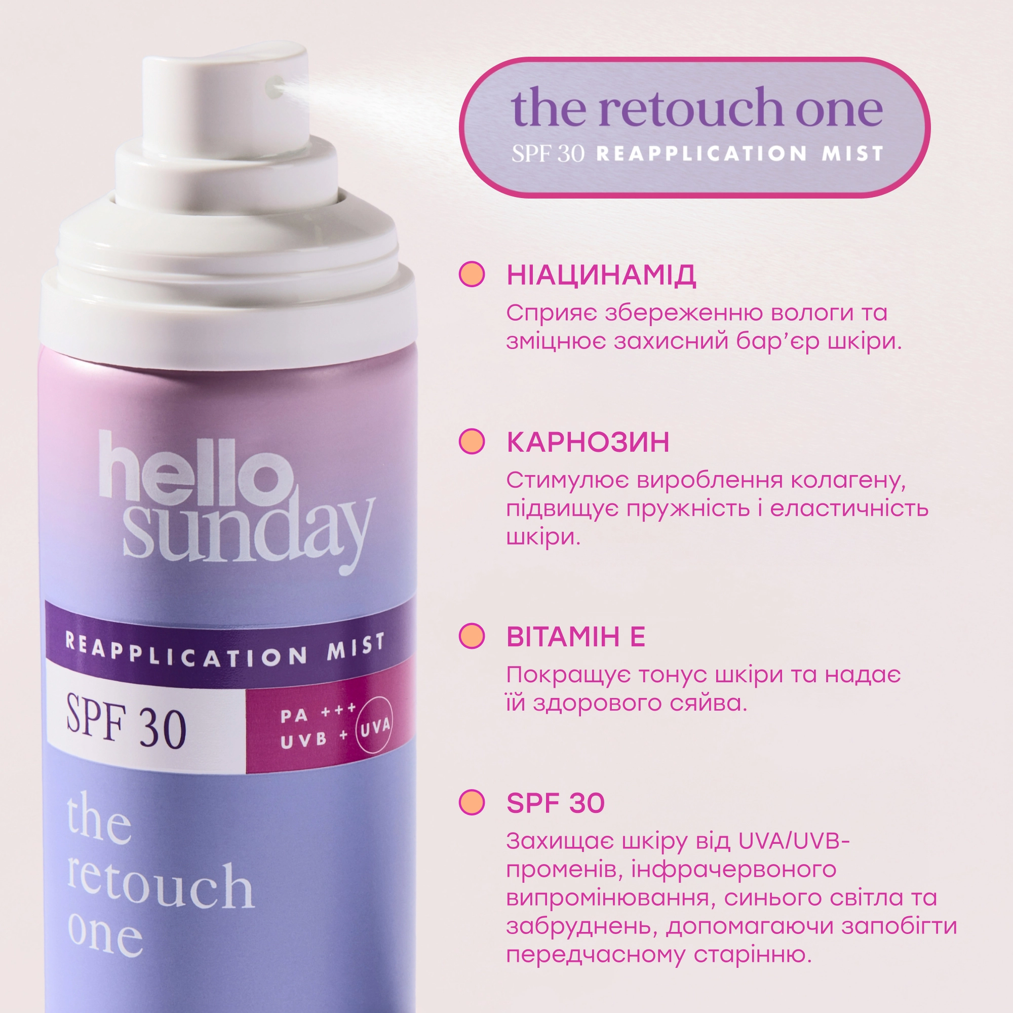Сонцезахисний міст SPF 30 для оновлення захисту The Retouch One Reapplication Mist SPF 30 with Niacinamide HELLO SUNDAY Обʼєм 75 мл — фото 3